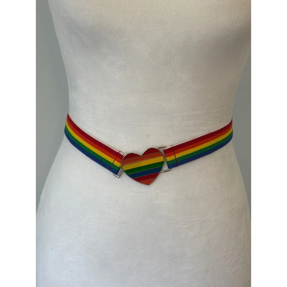 Vintage 1980s Jordache Rainbow Elastic Belt Heart Buckle Striped Multi Color 12